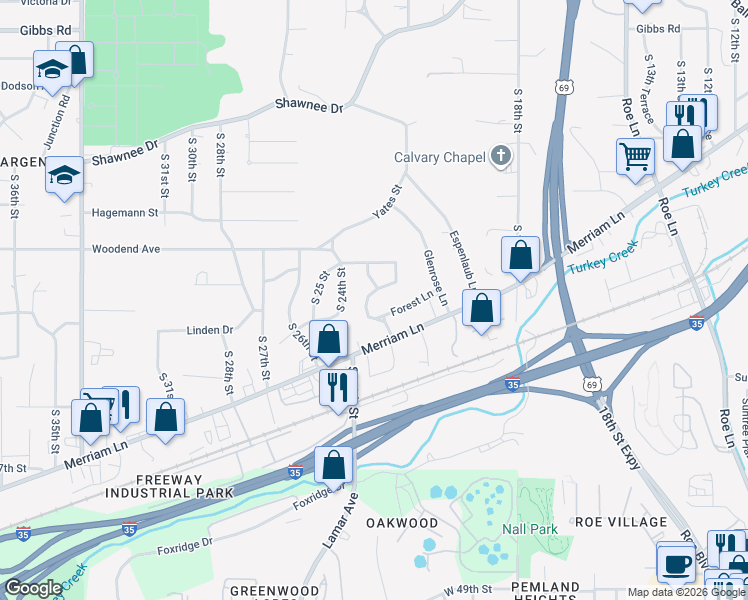 map of restaurants, bars, coffee shops, grocery stores, and more near 2900 South 23rd Street in Kansas City