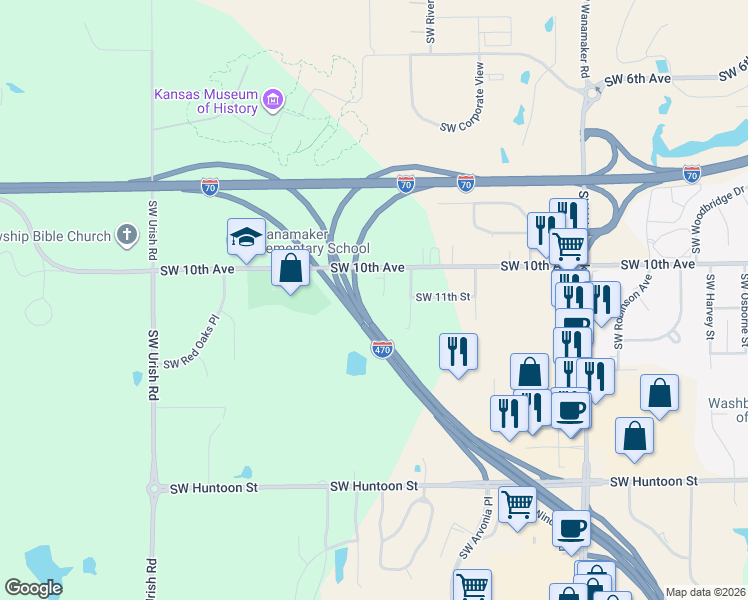 map of restaurants, bars, coffee shops, grocery stores, and more near 1033 Marge in Topeka