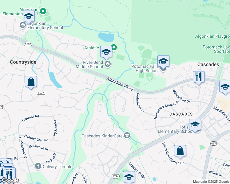 map of restaurants, bars, coffee shops, grocery stores, and more near 318 Felsted Court in Sterling