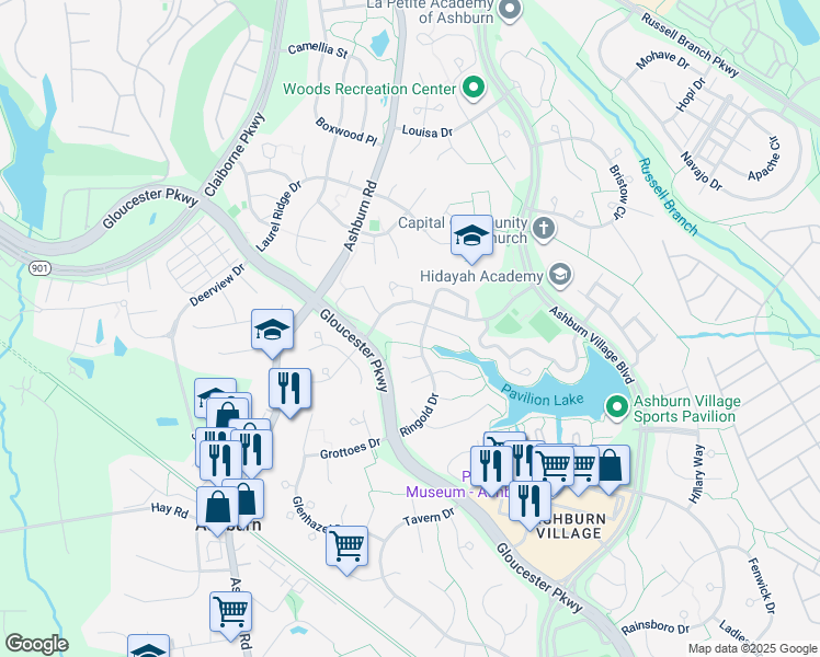 map of restaurants, bars, coffee shops, grocery stores, and more near 43951 Rochelle Court in Ashburn