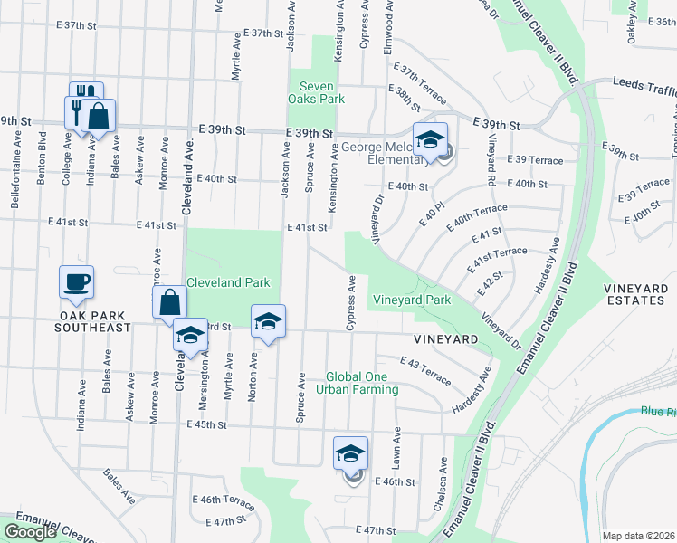 map of restaurants, bars, coffee shops, grocery stores, and more near 4329 Towers Road in Kansas City