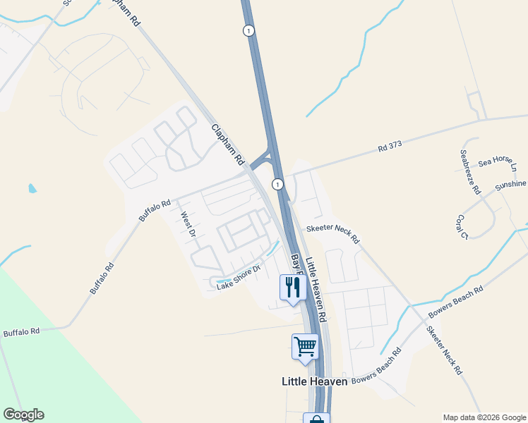 map of restaurants, bars, coffee shops, grocery stores, and more near 23 2nd Street in Frederica