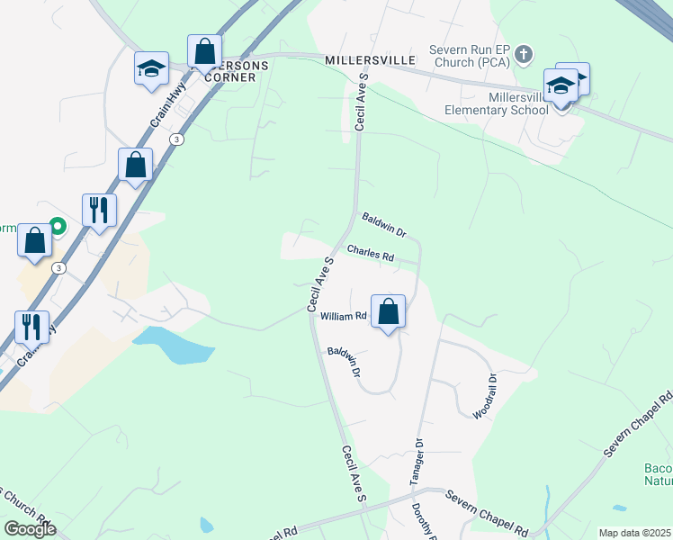 map of restaurants, bars, coffee shops, grocery stores, and more near 1069 Cecil Avenue South in Anne Arundel County