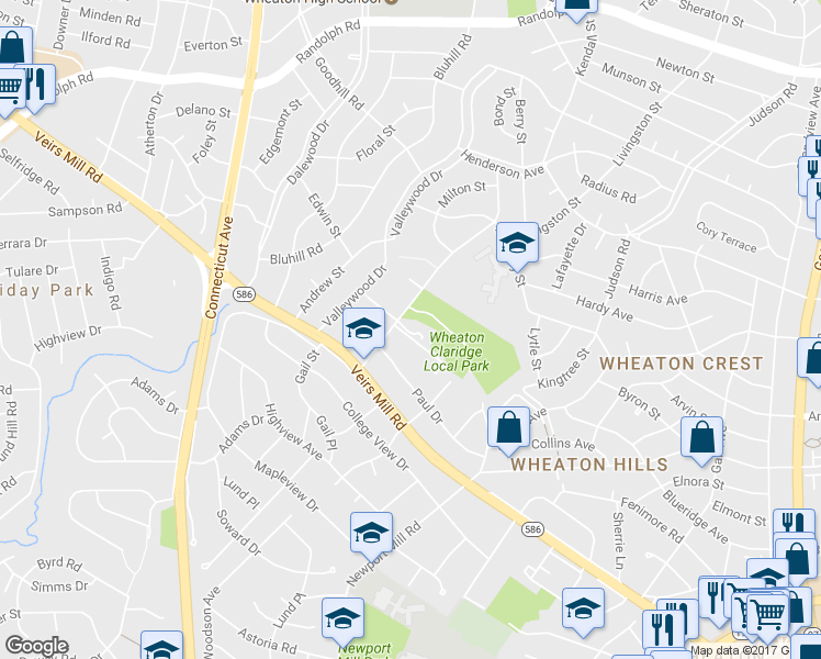map of restaurants, bars, coffee shops, grocery stores, and more near 3335 Sea Port Way in Silver Spring