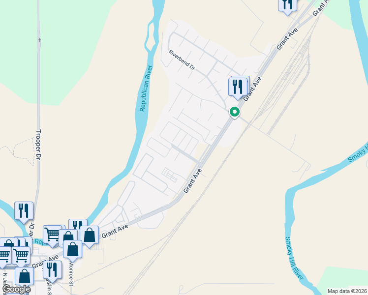 map of restaurants, bars, coffee shops, grocery stores, and more near 27 Fuller Circle in Junction City