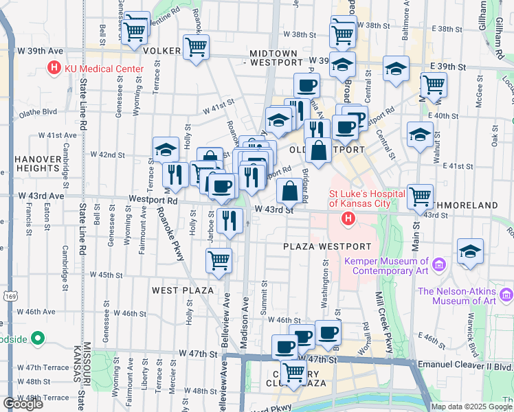 map of restaurants, bars, coffee shops, grocery stores, and more near 760 West 43rd Street in Kansas City