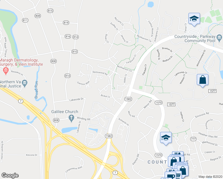 map of restaurants, bars, coffee shops, grocery stores, and more near Spotswood Rd & Palmer Ct in Loudoun