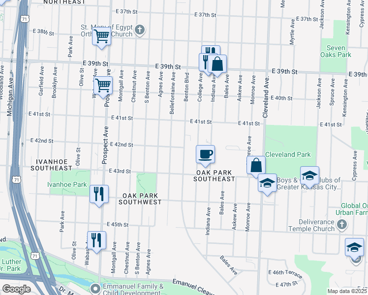 map of restaurants, bars, coffee shops, grocery stores, and more near Benton Blvd & E 42nd St in Kansas City