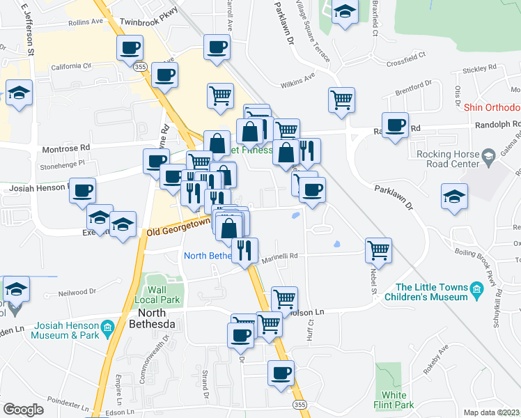 map of restaurants, bars, coffee shops, grocery stores, and more near 11777 Old Georgetown Road in Rockville