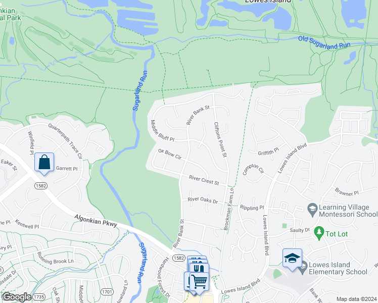 map of restaurants, bars, coffee shops, grocery stores, and more near 20411 River Bank Street in Sterling