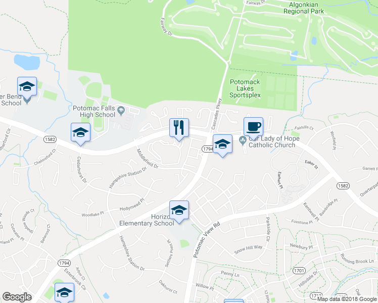 map of restaurants, bars, coffee shops, grocery stores, and more near 20440 Doncaster Terrace in Potomac Falls