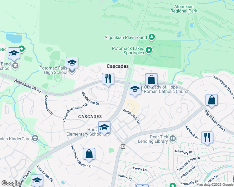 map of restaurants, bars, coffee shops, grocery stores, and more near 46716 Cavendish Square in Sterling