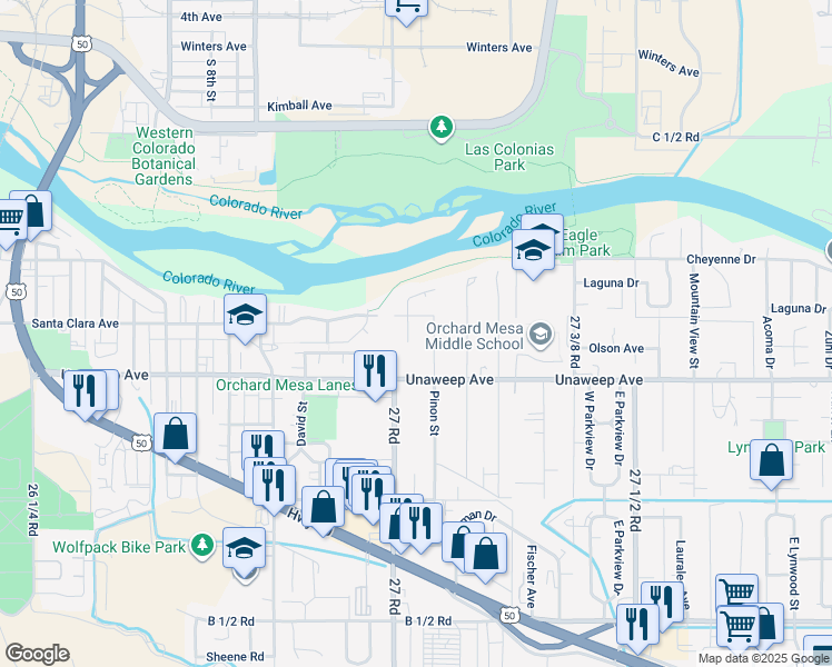 map of restaurants, bars, coffee shops, grocery stores, and more near 1763 Christopher Way in Grand Junction