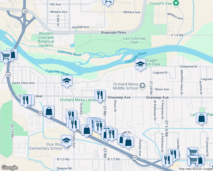 map of restaurants, bars, coffee shops, grocery stores, and more near 1763 Christopher Way in Grand Junction