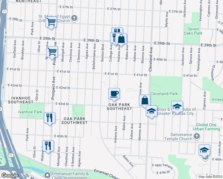 map of restaurants, bars, coffee shops, grocery stores, and more near 4156 Indiana Avenue in Kansas City