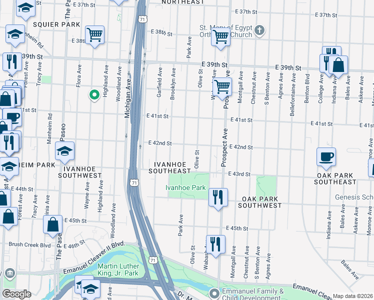 map of restaurants, bars, coffee shops, grocery stores, and more near 4211 Park Avenue in Kansas City
