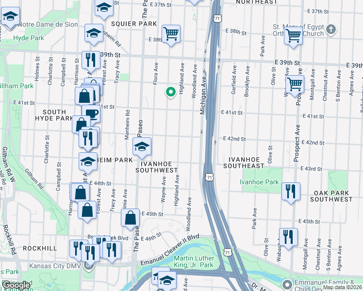 map of restaurants, bars, coffee shops, grocery stores, and more near 4218 Highland Avenue in Kansas City