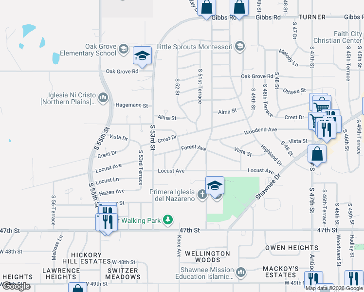 map of restaurants, bars, coffee shops, grocery stores, and more near 2901 South 52 Street in Kansas City