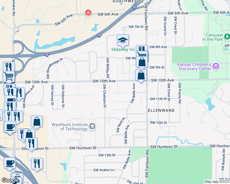 map of restaurants, bars, coffee shops, grocery stores, and more near 5407 SW Reeder St in Topeka