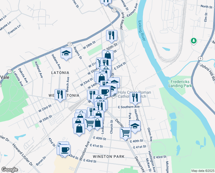 map of restaurants, bars, coffee shops, grocery stores, and more near 7 East 35th Street in Covington