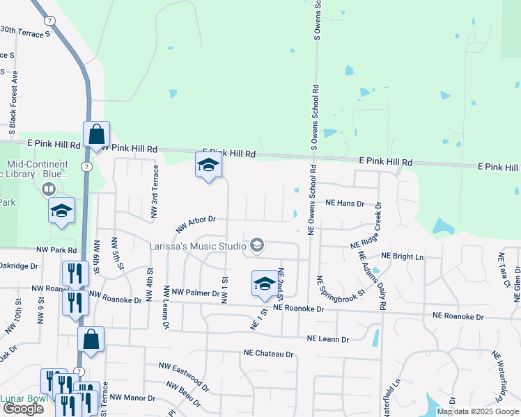 map of restaurants, bars, coffee shops, grocery stores, and more near 2709 Northeast Seth Court in Blue Springs