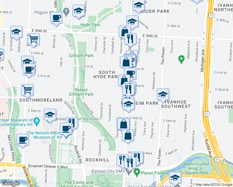 map of restaurants, bars, coffee shops, grocery stores, and more near 4224 Harrison Street in Kansas City