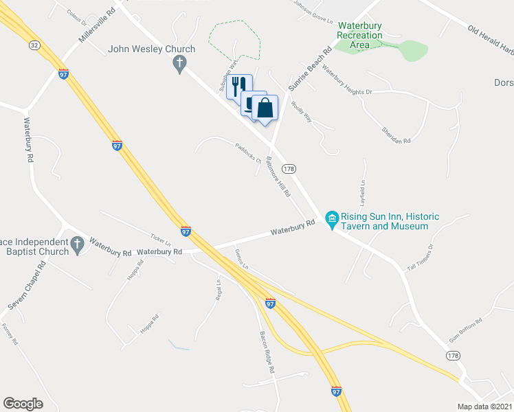map of restaurants, bars, coffee shops, grocery stores, and more near 1334 Waterbury Road in Crownsville