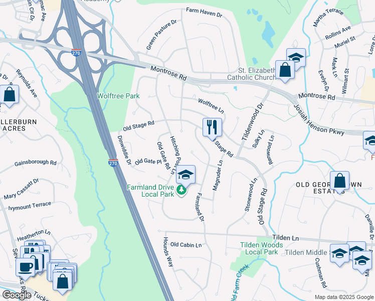 map of restaurants, bars, coffee shops, grocery stores, and more near 6940 Race Horse Lane in Rockville