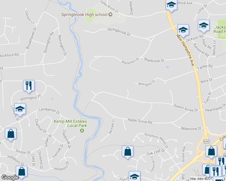 map of restaurants, bars, coffee shops, grocery stores, and more near 118 Quaint Acres Drive in Silver Spring