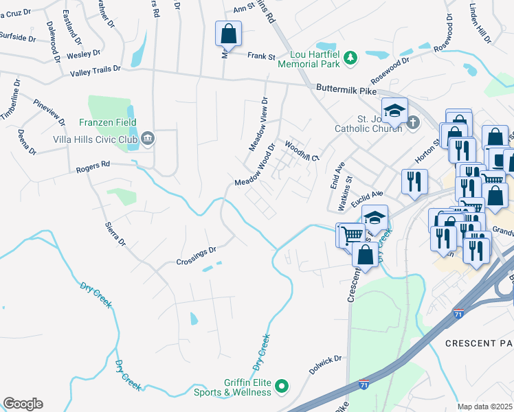 map of restaurants, bars, coffee shops, grocery stores, and more near 715 Meadow Wood Drive in Crescent Springs