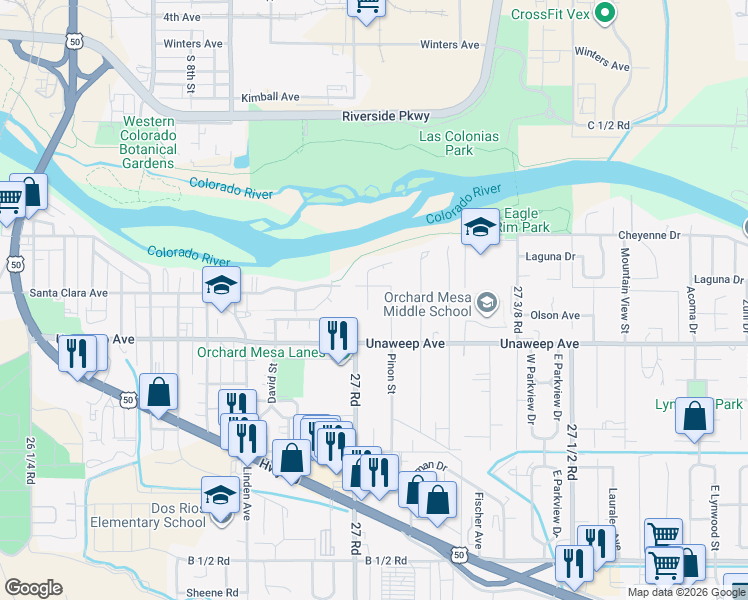 map of restaurants, bars, coffee shops, grocery stores, and more near 1763 Christopher Way in Grand Junction