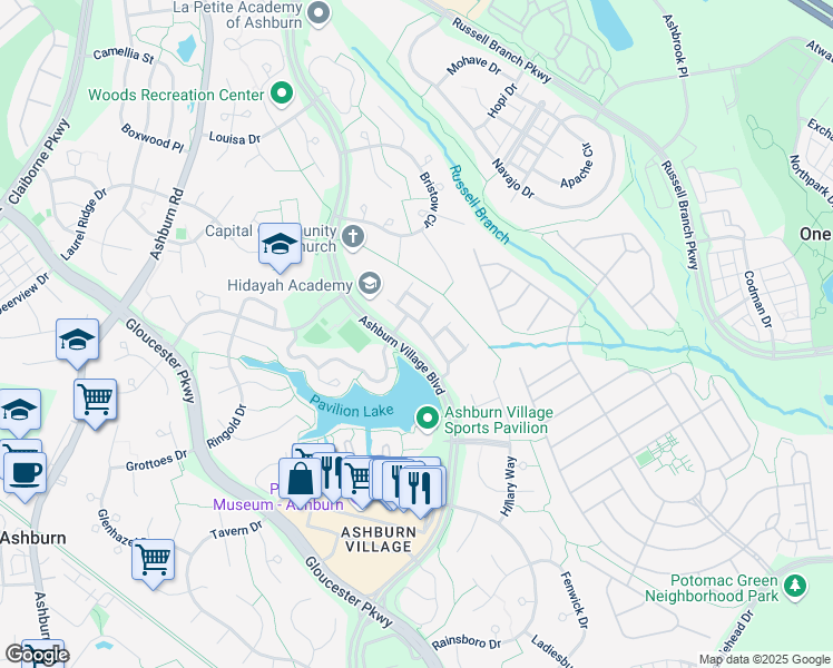 map of restaurants, bars, coffee shops, grocery stores, and more near 44178 Shady Glen Terrace in Ashburn