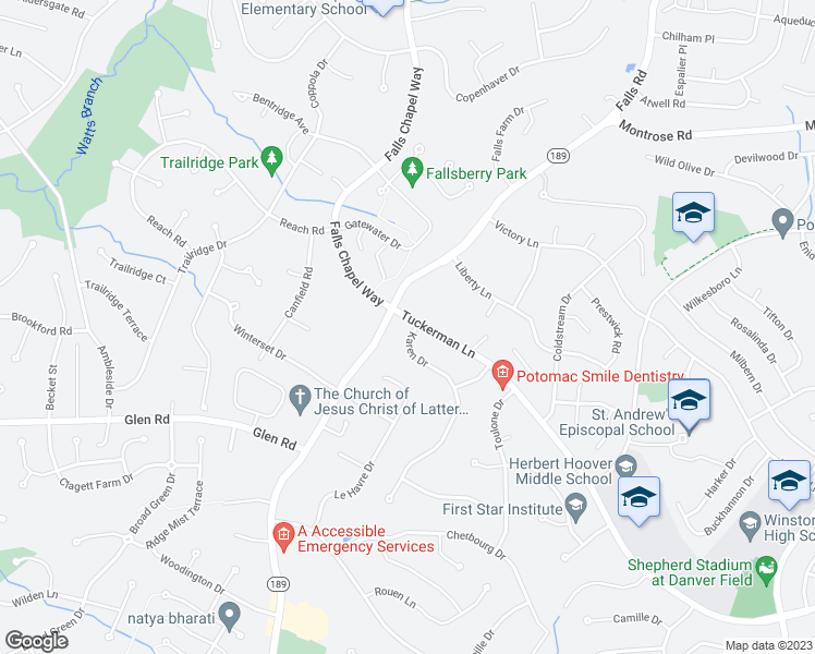 map of restaurants, bars, coffee shops, grocery stores, and more near 9000 Tuckerman Lane in Potomac