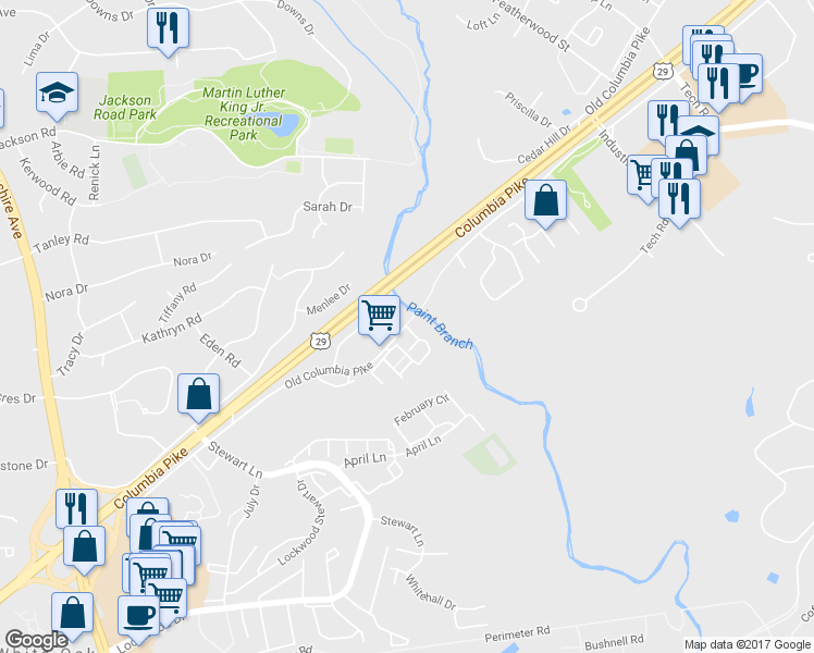 map of restaurants, bars, coffee shops, grocery stores, and more near Old Columbia Pike & Carriage House Dr in Montgomery