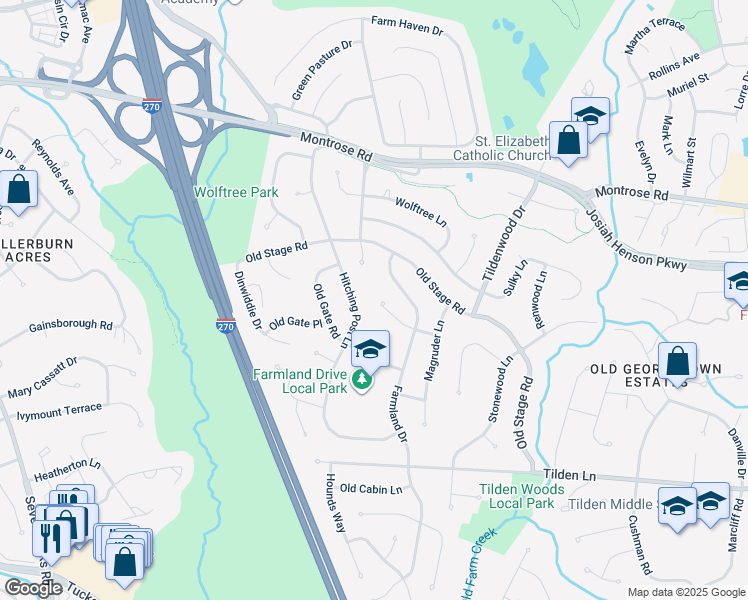 map of restaurants, bars, coffee shops, grocery stores, and more near 6940 Race Horse Lane in Rockville