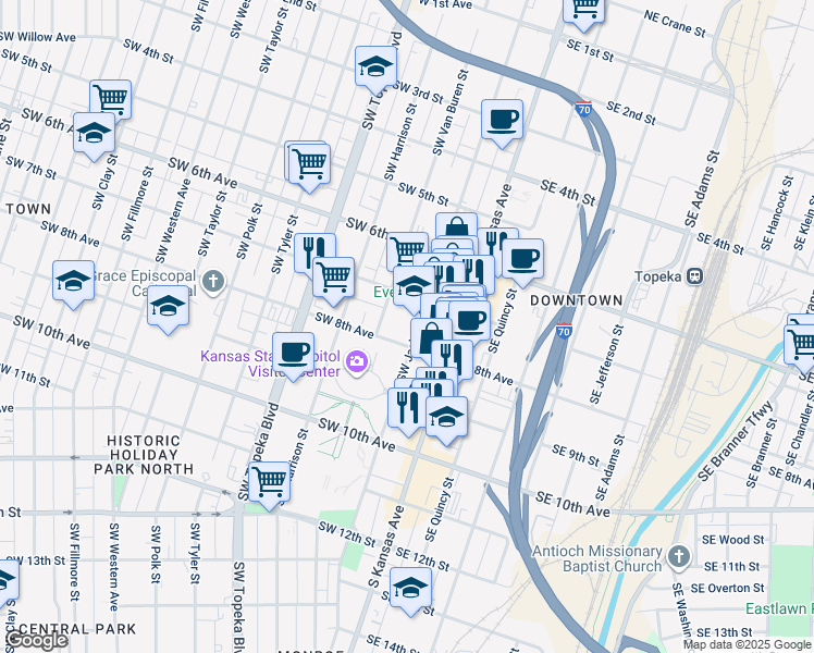 map of restaurants, bars, coffee shops, grocery stores, and more near 204 Southwest 8th Avenue in Topeka