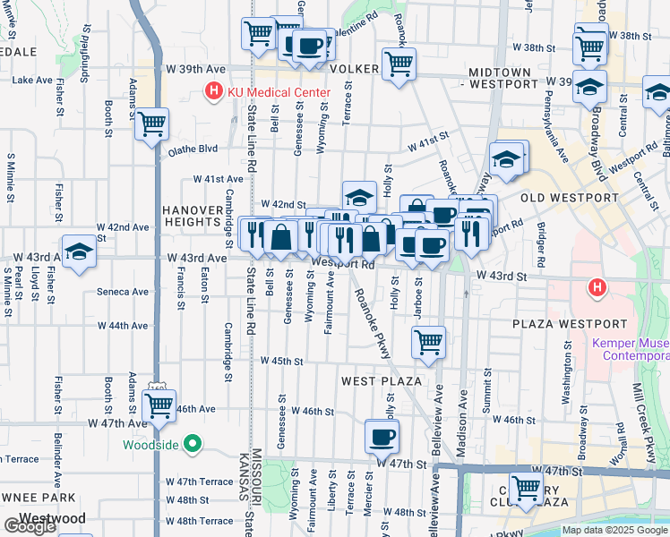 map of restaurants, bars, coffee shops, grocery stores, and more near 4315 Fairmount Avenue in Kansas City