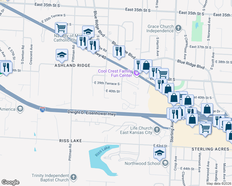 map of restaurants, bars, coffee shops, grocery stores, and more near 10408 East 40 Terrace in Kansas City