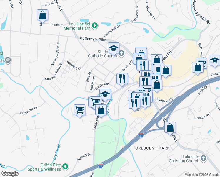map of restaurants, bars, coffee shops, grocery stores, and more near 591 Croley Street in Crescent Springs