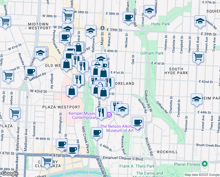 map of restaurants, bars, coffee shops, grocery stores, and more near 16 43rd Street in Kansas City