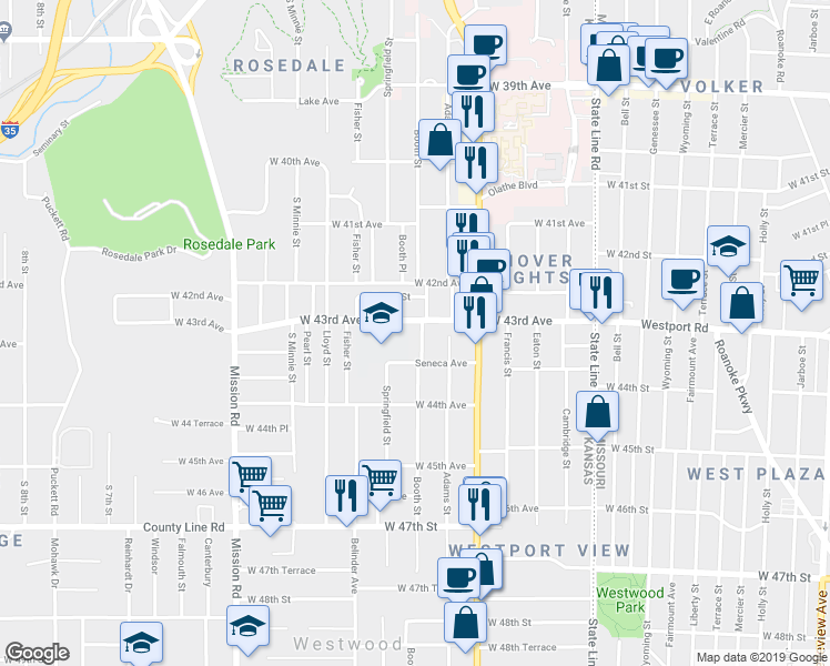 map of restaurants, bars, coffee shops, grocery stores, and more near 4311 Booth Street in Kansas City