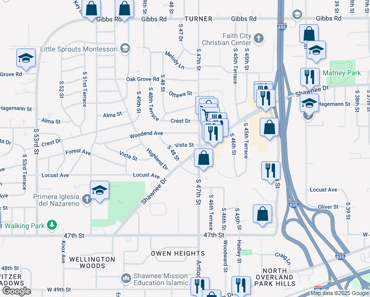 map of restaurants, bars, coffee shops, grocery stores, and more near 4718 Shawnee Drive in Kansas City