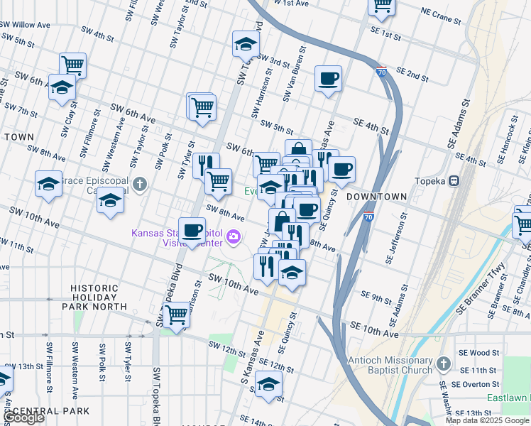 map of restaurants, bars, coffee shops, grocery stores, and more near 756 Southwest Jackson Street in Topeka