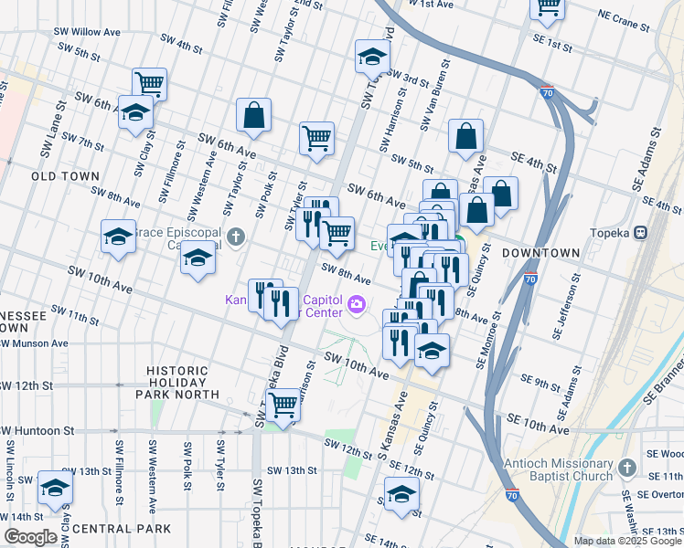 map of restaurants, bars, coffee shops, grocery stores, and more near 817 Southwest Harrison Street in Topeka