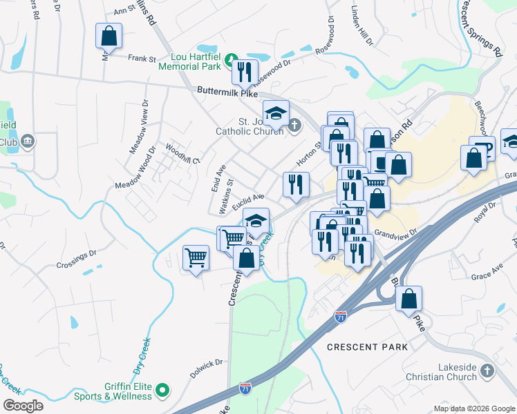 map of restaurants, bars, coffee shops, grocery stores, and more near 2638 Crescent Springs Pike in Erlanger