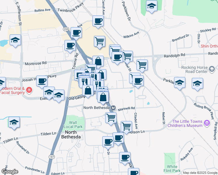 map of restaurants, bars, coffee shops, grocery stores, and more near 11700 Old Georgetown Road in Rockville