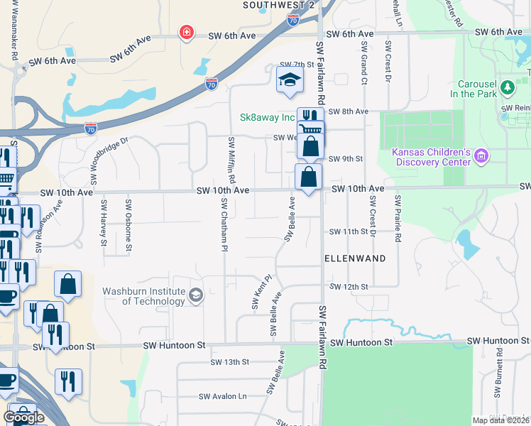 map of restaurants, bars, coffee shops, grocery stores, and more near 5323 SW Reeder St in Topeka