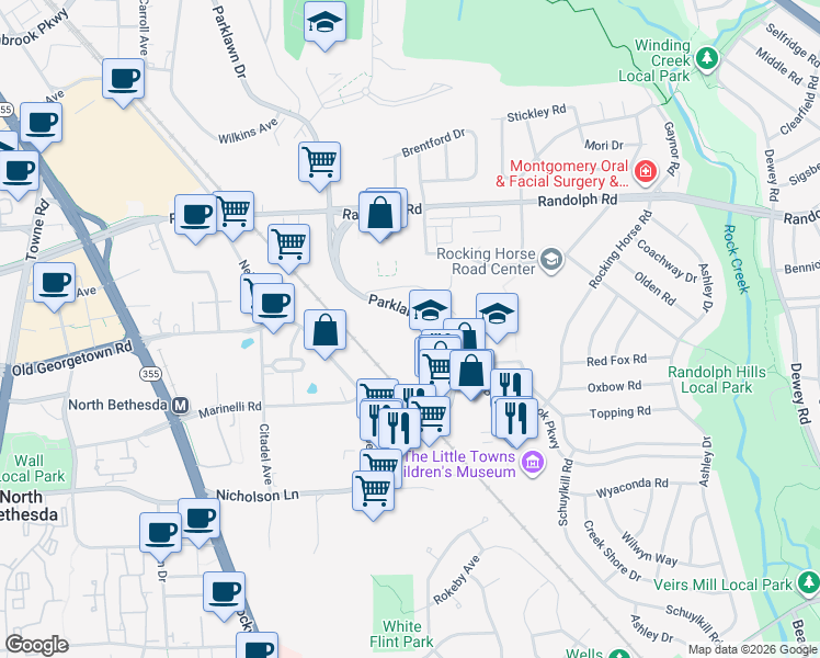 map of restaurants, bars, coffee shops, grocery stores, and more near 11820 Parklawn Drive in Rockville