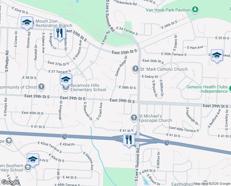 map of restaurants, bars, coffee shops, grocery stores, and more near 3821 Queen Ridge Drive in Independence