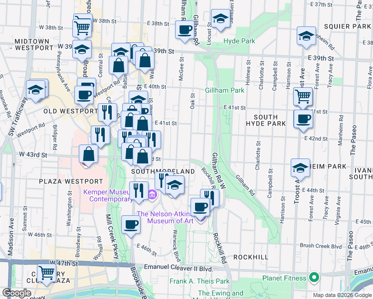 map of restaurants, bars, coffee shops, grocery stores, and more near 304 43rd Street in Kansas City
